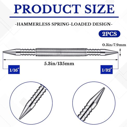 2 Pcs Spring Nail Set Tool 1/16 1/31 Inch Hammerless Trim Spring Loaded Nail Set Spring Nail Punch Tool Door Hinge Pin Remover Dual Head Nail Punch Tool for Home Improvement, 3500 PSI Striking Force in Kuwait