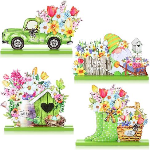 Blulu 4 Pcs Hello Spring Table Decorations Spring Easter Table Centerpieces Wooden Signs Decorations for Home Wooden Letter Blocks Party Ornament Farmhouse Easter Rustic Table (Fresh Style) in Saudi Arabia