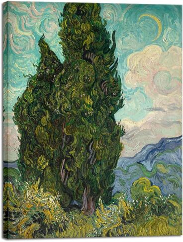Wieco Art Cypresses بواسطة Van Gogh قماش كلاسيكي كبير جدار الفن يطبع اللوحات الزيتية الشهيرة استنساخ صورة شجرة خضراء لديكورات المنزل الأعمال الفنية مجردة المناظر الطبيعية للغابات in Kuwait