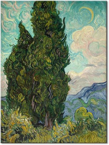 Wieco Art Cypresses بواسطة Van Gogh قماش كلاسيكي كبير جدار الفن يطبع اللوحات الزيتية الشهيرة استنساخ صورة شجرة خضراء لديكورات المنزل الأعمال الفنية مجردة المناظر الطبيعية للغابات in Kuwait
