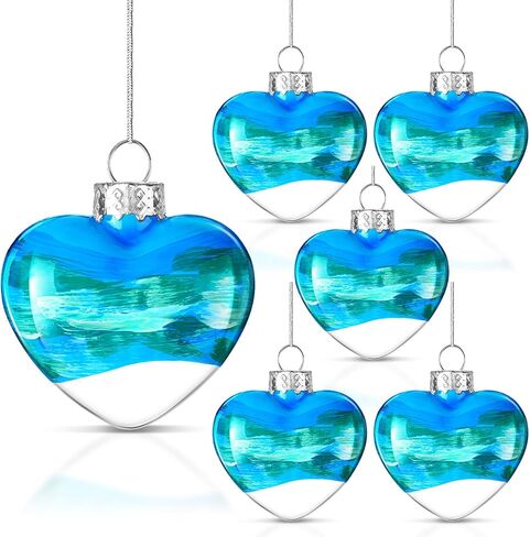 Funtery 6 Pcs Valentine's Day Glass Heart Ornaments Beach Themed Ornament for Christmas Tree Decorations Blue Sea Decorative Hanging Ornaments for Holiday Wedding Party in Saudi Arabia