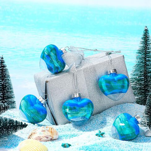 Funtery 6 Pcs Valentine's Day Glass Heart Ornaments Beach Themed Ornament for Christmas Tree Decorations Blue Sea Decorative Hanging Ornaments for Holiday Wedding Party in Saudi Arabia