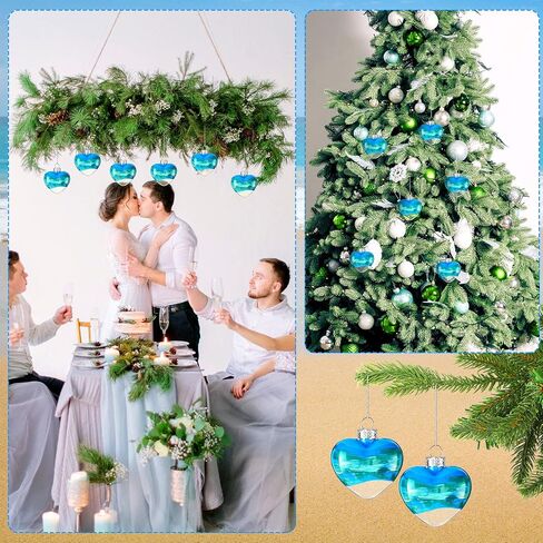 Funtery 6 Pcs Valentine's Day Glass Heart Ornaments Beach Themed Ornament for Christmas Tree Decorations Blue Sea Decorative Hanging Ornaments for Holiday Wedding Party in Saudi Arabia