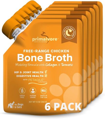 Primalvore Free-Range Bone Broth for Dogs &Cats, Mobility Formula w/Collagen Peptides to Help Support Hip & Joints, Digestion, Skin & Coat and Hydration, Human Grade, Made in USA. Chicken 2 Pack in Kuwait