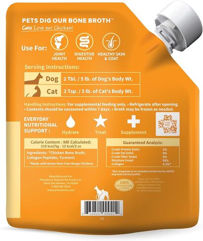Primalvore Free-Range Bone Broth for Dogs &Cats, Mobility Formula w/Collagen Peptides to Help Support Hip & Joints, Digestion, Skin & Coat and Hydration, Human Grade, Made in USA. Chicken 2 Pack in Kuwait