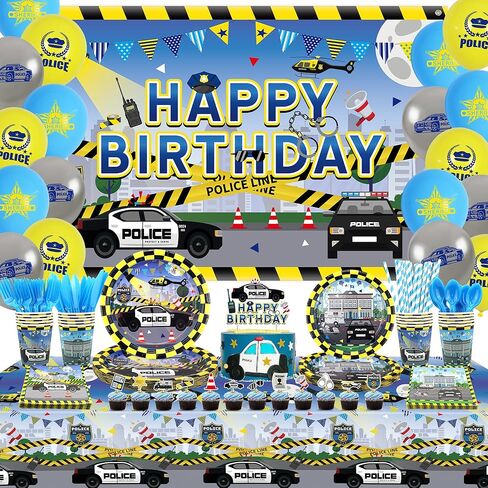 KEFAN Police Birthday Party Decorations, Police Theme Party Tableware Supplies including HAPPY BIRTHDAY Backdrop, Plates, Cups, Napkins, Tablecloth, Balloons for Kids Birthday Party - Serves 20 (C) in Kuwait