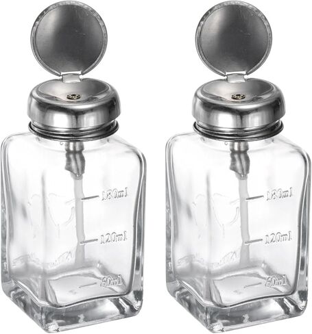 HARFINGTON 2PCS 4Oz / 120ML Glass Pump Dispenser Bottle Square Clear Liquid Pumping Press Push Down Alcohol Container with Metal Flip Cover for Makeup Remover in Saudi Arabia