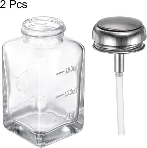 HARFINGTON 2PCS 4Oz / 120ML Glass Pump Dispenser Bottle Square Clear Liquid Pumping Press Push Down Alcohol Container with Metal Flip Cover for Makeup Remover in Saudi Arabia