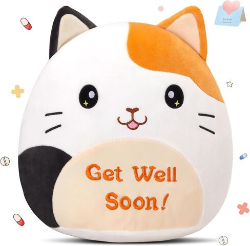 Houwsbaby 12" Get Well Soon Cat Plush Pillow,Calico Cat Stuffed Animal, Soft Sofa Cushion Squishy Plushie Kitty Toy,Feel Better Presents for Recovering Patient in Saudi Arabia