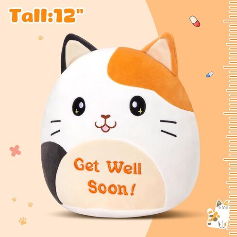Houwsbaby 12" Get Well Soon Cat Plush Pillow,Calico Cat Stuffed Animal, Soft Sofa Cushion Squishy Plushie Kitty Toy,Feel Better Presents for Recovering Patient in Saudi Arabia