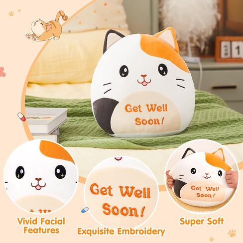 Houwsbaby 12" Get Well Soon Cat Plush Pillow,Calico Cat Stuffed Animal, Soft Sofa Cushion Squishy Plushie Kitty Toy,Feel Better Presents for Recovering Patient in Saudi Arabia