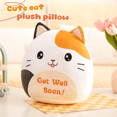 Houwsbaby 12" Get Well Soon Cat Plush Pillow,Calico Cat Stuffed Animal, Soft Sofa Cushion Squishy Plushie Kitty Toy,Feel Better Presents for Recovering Patient in Saudi Arabia
