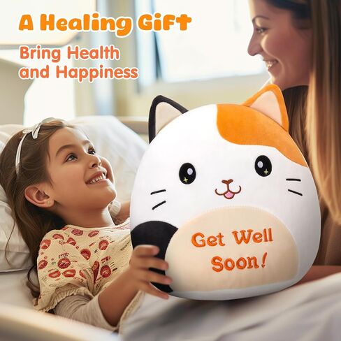 Houwsbaby 12" Get Well Soon Cat Plush Pillow,Calico Cat Stuffed Animal, Soft Sofa Cushion Squishy Plushie Kitty Toy,Feel Better Presents for Recovering Patient in Saudi Arabia