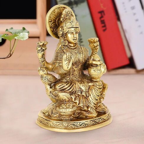 Brass Lakshmi Idol Laxmi Goddess Lakshmi Sitting Statue in Blessing Position for the Puja Temple at Home in Kuwait