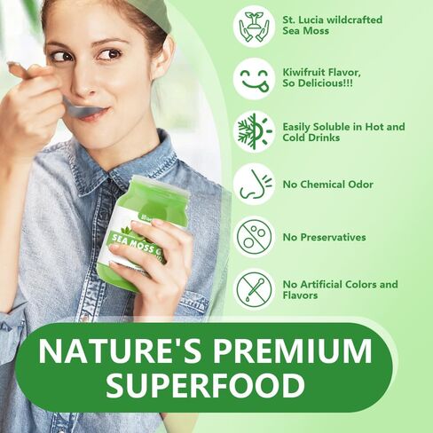 Sea Moss Gel, 18 OZ Wildcrafted Irish Seamoss Gel Rich in 92 Minerals & Vitamins Supports Immune System & Thyroid & Antioxidant, Non-GMO Organic Raw Sea Moss Supplements Kiwifruit Flavor in Saudi Arabia