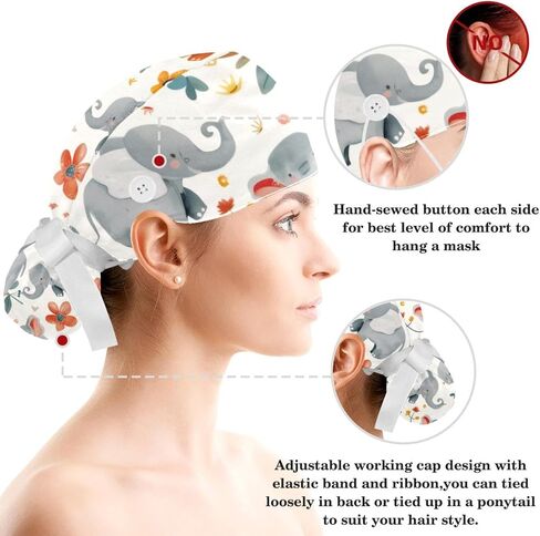 Cute Flowers Floral Pattern Working Caps with Buttons, Long Hair Scrub Hats Ponytail Holder for Women in Saudi Arabia