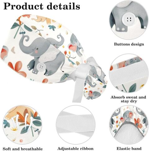 Cute Flowers Floral Pattern Working Caps with Buttons, Long Hair Scrub Hats Ponytail Holder for Women in Saudi Arabia