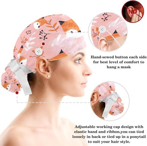 Cute Flowers Floral Pattern Working Caps with Buttons, Long Hair Scrub Hats Ponytail Holder for Women in Saudi Arabia