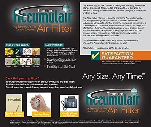 Accumulair Titanium 15x20x1 (14.5x19.5) فلتر هواء/فلتر فرن عالي الكفاءة لتقليل مسببات الحساسية in Kuwait