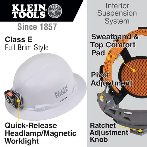 Klein Tools 60406RL Hard Hat, Rechargeable Headlamp, Non-vented, Full Brim Style, Padded Self-Wicking Odor-Resistant Sweatband, Tested up to 20kV, White in Saudi Arabia