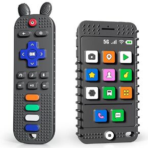 FFTROC Silicone Baby Teething Toys, Teether Toys for Babies 6-12 Months, Smart Phone Shape Teething Toys, Sensory Teether Chew Toys for Boys Girls Baby Toddlers Infant - Black