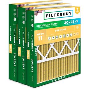 Filterbuy 20x25x5 Air Filter MERV 11 Allergen Defense (3-Pack), Pleated HVAC AC Furnace Air Filters for Honeywell FC100A1037, Lennox X6673, Carrier, and More (Actual Size: 19.88 x 24.75 x 4.38 Inches)