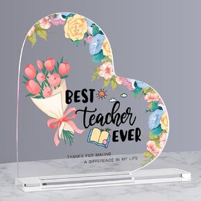 Teacher Appreciation Gifts End of Year Teacher Gifts for Women Men, Heart Shape Desk Sign, Thank You Teacher Gifts, Teacher Retirement Gifts,Flower and Book