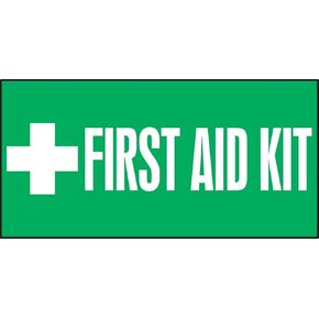 ملصق أمان Accuform LFSD508XVE لاصق Dura-Vinyl، Legend "First AID KIT"، طول 3 بوصة × عرض 7 بوصة × سمك 0.006 بوصة، أبيض على أخضر