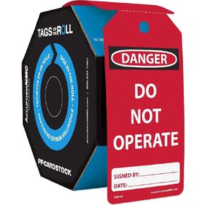 Accuform TAR106 Tags by-The-Roll General Safety Tags, Legend "Danger DO NOT Operate", 6.25" Length x 3" Width x 0.010" Thickness, PF-Cardstock, Black/White on Red (Pack of 100)