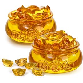 2 Pack 3" Golden Treasure Basin with 82 Ingots, Crystal Feng Shui Yuan Bao Figurine Collectibles, Wealth Good Luck Propriety Yuanbao Bowls, Chinese Ingot Decor for Office, Desktop, Home