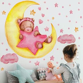 Cartoon Bear Sleeping on Moon Wall Decals Star Animal Wall Stickers for Kids Baby Room Decor Baby Room Nursery Decor