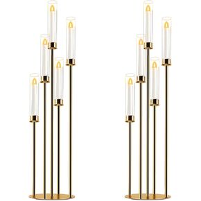 Candelabra Gold Centerpiece 5 Arms Taper Candle Holder Gold Centerpiece with Acrylic Tubes for Table Decoration Wedding Event Party Aisle Stage Home Decor (1, L)