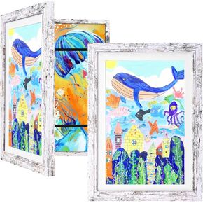 KINLINK 10x12.5 Kids Art Frmes Set of 2, Solid Wood Kids Artwork Frames Changeable with Acrylic Front Opening Holds 150 Pictures, Art Frames for Kids Artwork with Mat or without Mat, Natural