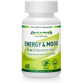 Energy & Mood Supplement – 60 Capsules 5-in-1 Blend Boost Energy Production Support Relaxation Fatigue Stress Relief Formula Mood Enhancer