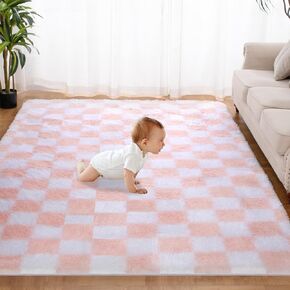 Super Soft Rug for Bedroom, 4x6 Ft Pink and White Area Rug Classic Checkered Shaggy Rug Anti-Skid High Pile Soft Fluffy Rug Fuzzy Carpet for Living Room Bedroom Kids Room Nursery, Dorm Home Decor