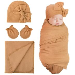 DRESHOW BQUBO Newborn Receiving Blanket Bow Hat Gloves Set Cotton Warm Baby Swaddle Blanket Wrap Baby Sleep Sack Shower Gift