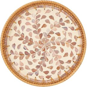 Round Rattan Tray with Mother of Pearl Inlay, Rattan Serving Tray with Wooden Base, Decorative Wicker Basket for Table Decor, Storage and Display of Coffee Bread Food Fruit (Leaf)