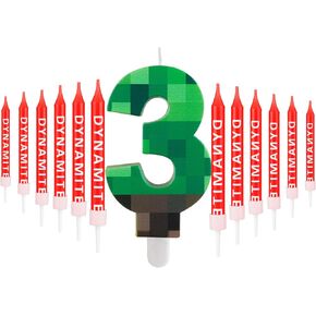 TNT Themed Birthday Candle Set,Dynamite 6 Candle with 12 Pieces Long Thin Candles,Happy 6th Birthday Candles,Dynamite Green Pixel Cake Candles for Boys Birthday Decoration Party Supplies