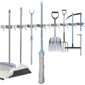 OCGIG 2 Pack Mop and Broom Holder, Wall Mounted Metal Hanger Organization Storage Heavy Duty Tool Organizer for Garage Home Kitchen Laundry Garden (4 Racks and 5 Hooks)