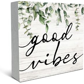 Good Vibes Botanical Eucalyptus Leaves Wood Box Sign Desk Decor Good Vibes Sign Rustic Eucalyptus Leaves Wooden Block Box Sign Decoration For Home Office Shelf Table Decor Gift For Women Men 5x5 Inch