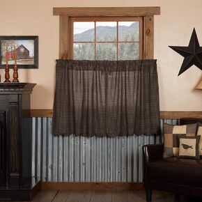 VHC Brands Kettle Grove Plaid Tier Scalloped Set of 2 L36xW36 Country Curtains, Country Black