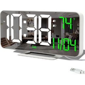 Neasroe Digital Clock, 6.7" Alarm Clocks LED Display for Bedroom - Auto Dimmer, Time and Date, Temperature, Snooze, 12/24 Hour White Clock for Kids, Teens, Elderly, USB Powered(No Adapter)
