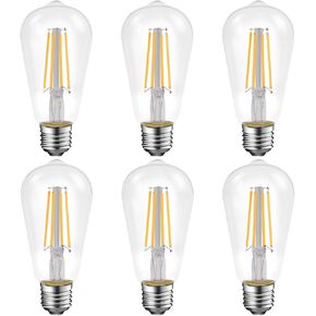 Energetic Dimmable LED Filament Light Bulbs, High Brightness, 8W, 60 Watt Equivalent, ST58 ST18, Daylight 5000K, Classic Clear Glass, 6 Pack