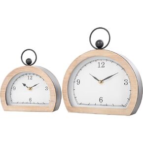 Deco 79 Wooden Semicircle Clock with Brown Wooden Frame and Ring Handle, Set of 2 10", 7" H, White