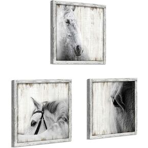 Horse Portrait Wall Art Framed - Modern Black White Animal Pictures Painting Wood Artwork Decor for Bedroom