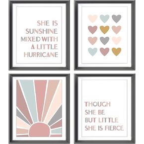 She is Sunshine Mixed with A Little Hurricane Poster Prints for Home Girls Room Playroom Nursery Classroom Decor,Children's Girl Positive Quotes Decorations Prints Wall Art Unframed 4pcs 8x10 Inches