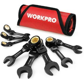 WORKPRO 8-Piece Stubby Anti-slip Ratcheting Combination Wrench Set, Metric 8-17 mm, 72-Teeth, CRV, Black Electrophoretic Coating, Flex-Head Wrench Set with Rolling Pouch