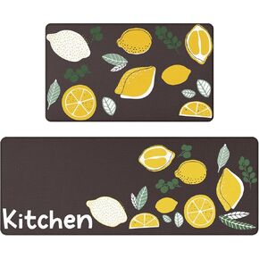 Bright Yellow Lemon Kitchen Mats 2 Piece for Floor, Kitchen Rugs Sets of 2, Non Slip Washable, 17"x47"+17"x29", Black