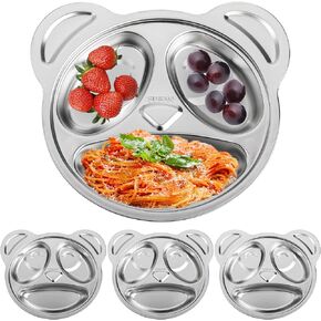Lyellfe Set of 4 Stainless Steel Divided Plates, 3 Sections Unbreakable Dinner Plates, Cute Panda Shape Divided Plates for Picky Eaters, Lunch, Camping