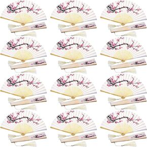 12 Pieces Cherry Folding Hand Fan Bamboo Folding Fans Fabric Chinese Flower Fans Handheld Bulk Foldable Fan Decorative Fans for Wedding Favor Gift Dance Party